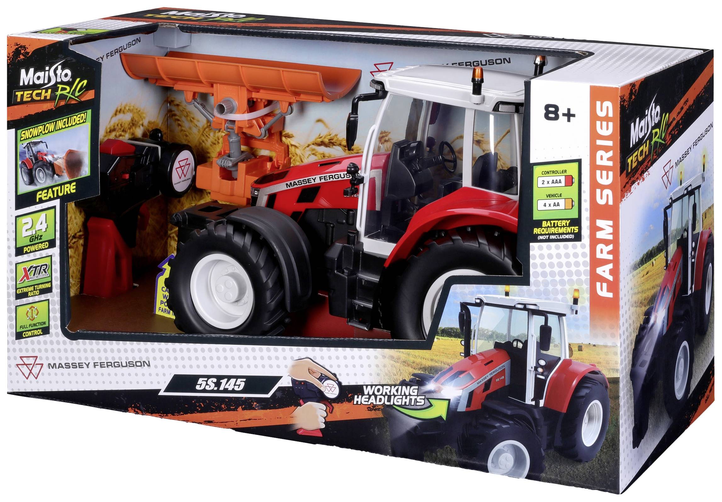 Toy packaging featuring a remote-controlled red tractor and accessories. Main focus on the tractor, suitable for children aged 8 and above.
