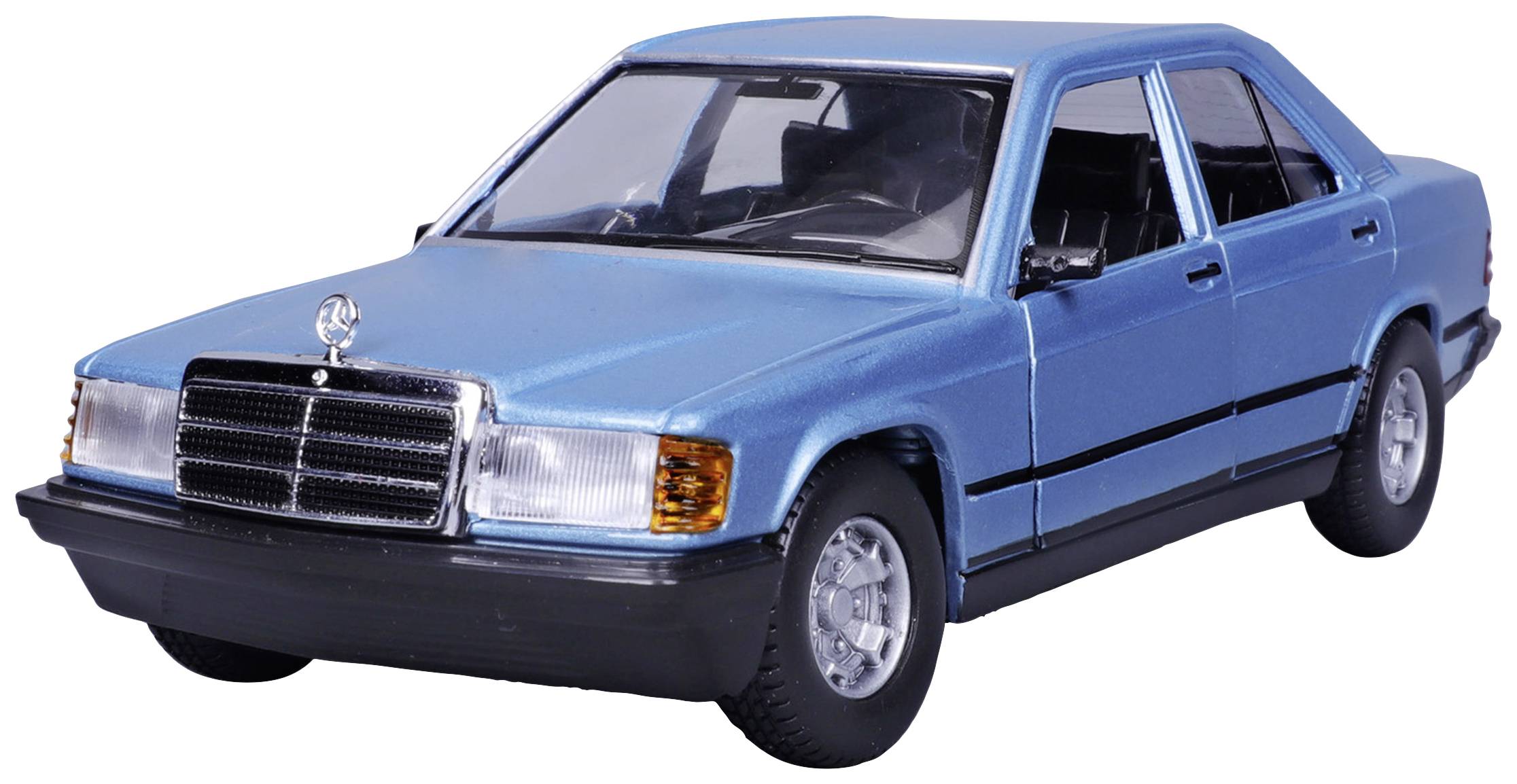 A blue model car of a classic four-door vehicle from the 1980s is shown from the side.