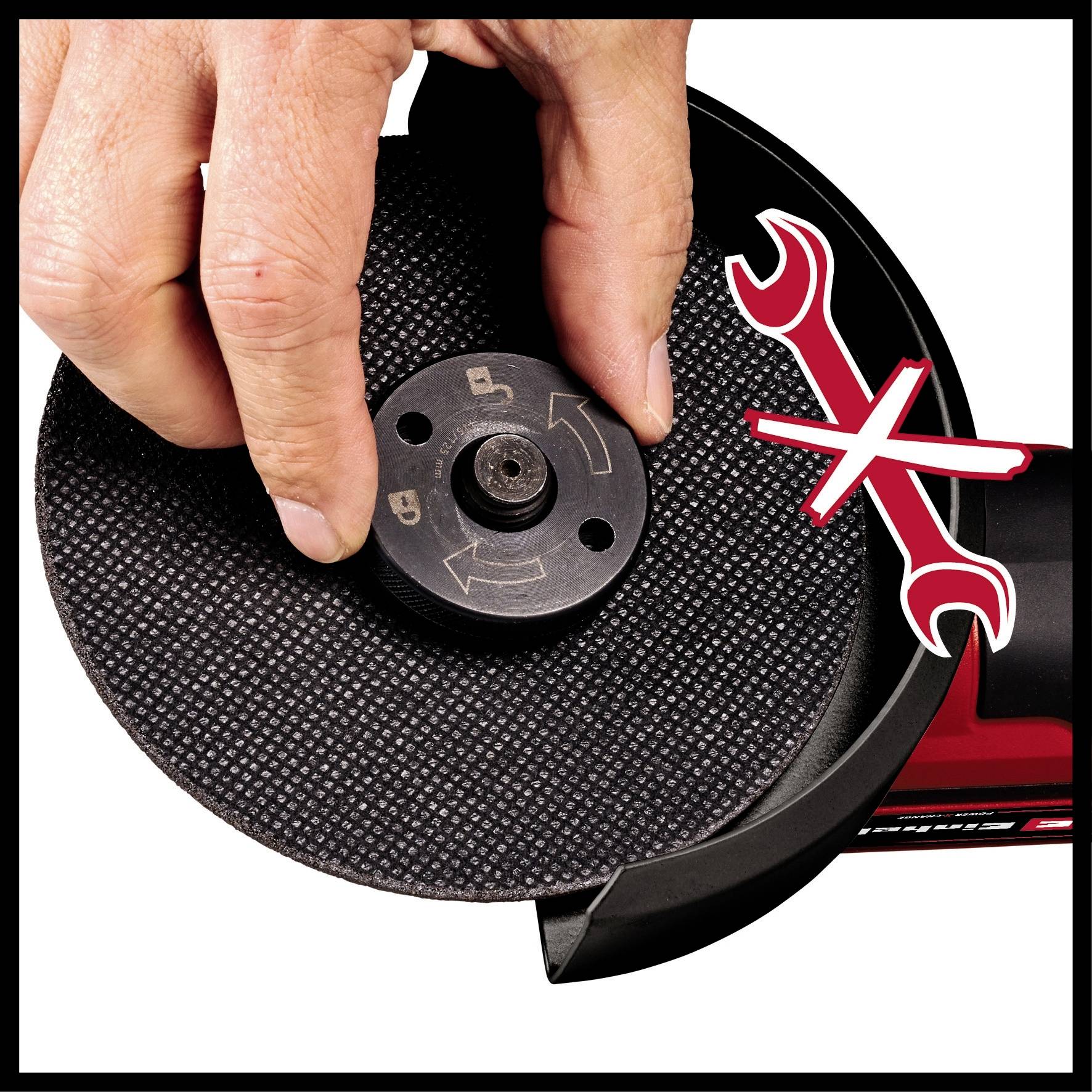 Close-up of hands securing an abrasive disc to a machine. A tool symbol indicates that no additional tools are required.
