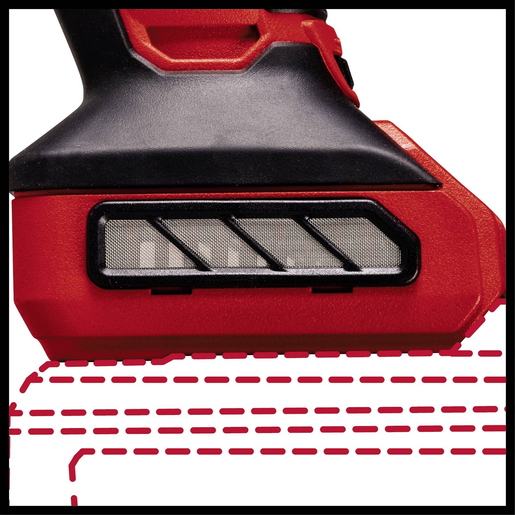 A red component with a black handle and grid pattern. Representation of technical precision in industrial design.