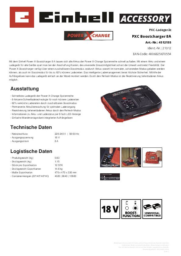'Einhell Power X-Change Charger PXC Boostcharger 8A. Technical Specifications: 220-240V, 50/60Hz. Compatible with 18V Batteries, including USB Port.'