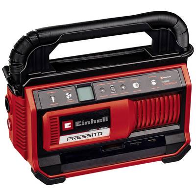 A portable, red and black compressor with pressure gauge and various control elements. Brand name 'Einhell' on the front.