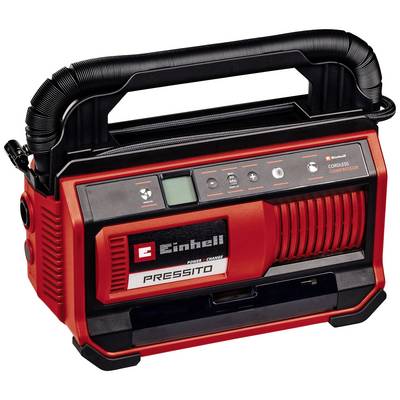 Portable, red compressor with black handle. Brand 'Einhell', model 'Pressito'. Compact design, suitable for mobile operations.