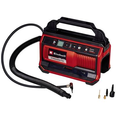 A red mobile compressor with a digital display and hose, suitable for car tyres. Accessories visible beside the device.