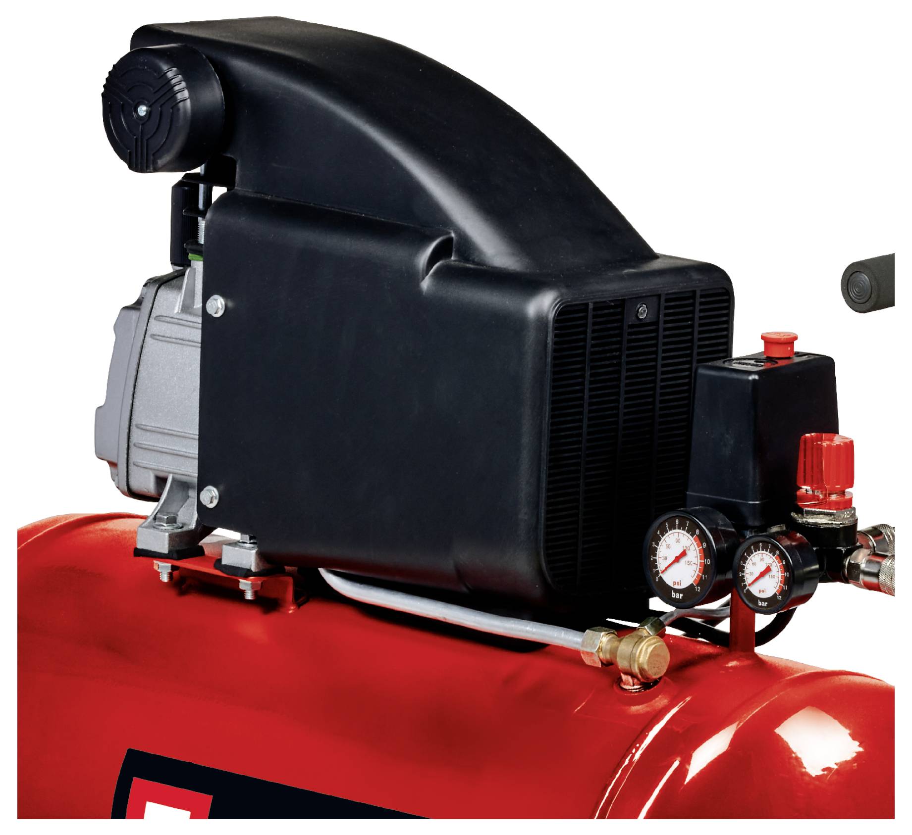 Black air compressor pump motor mounted on a red tank with pressure gauges and valve controls on the right side.