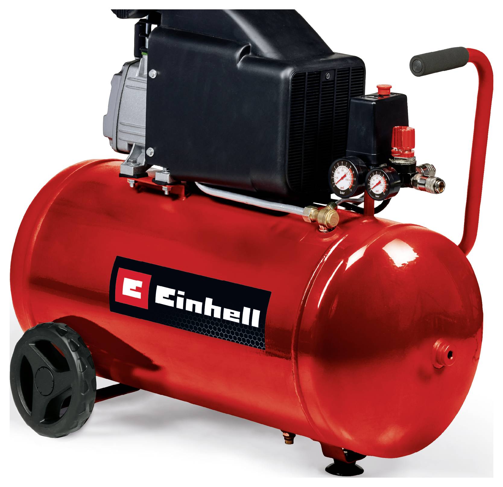 Red Einhell portable air compressor with tank, handle, wheels, pressure gauges, and motor assembly on top.