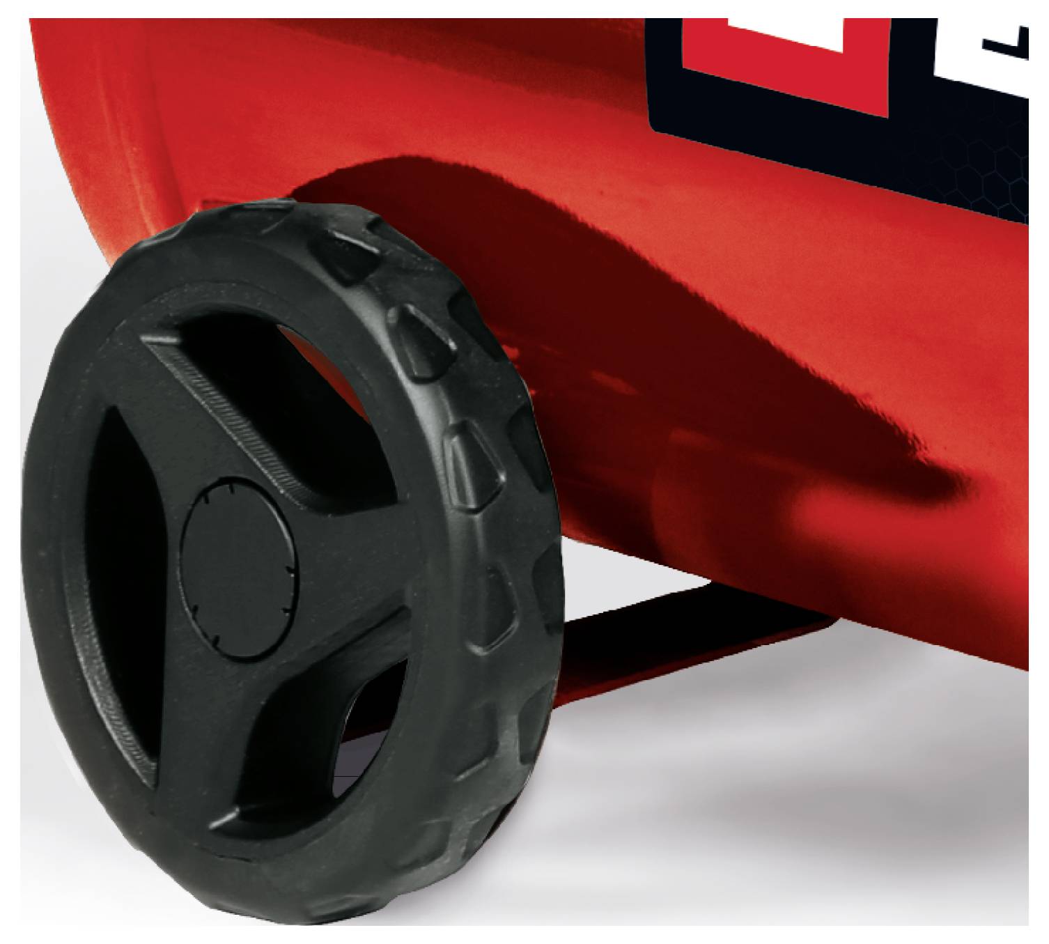 Close-up of a red wheeled device with a large black plastic wheel, shown from the side on a white background.