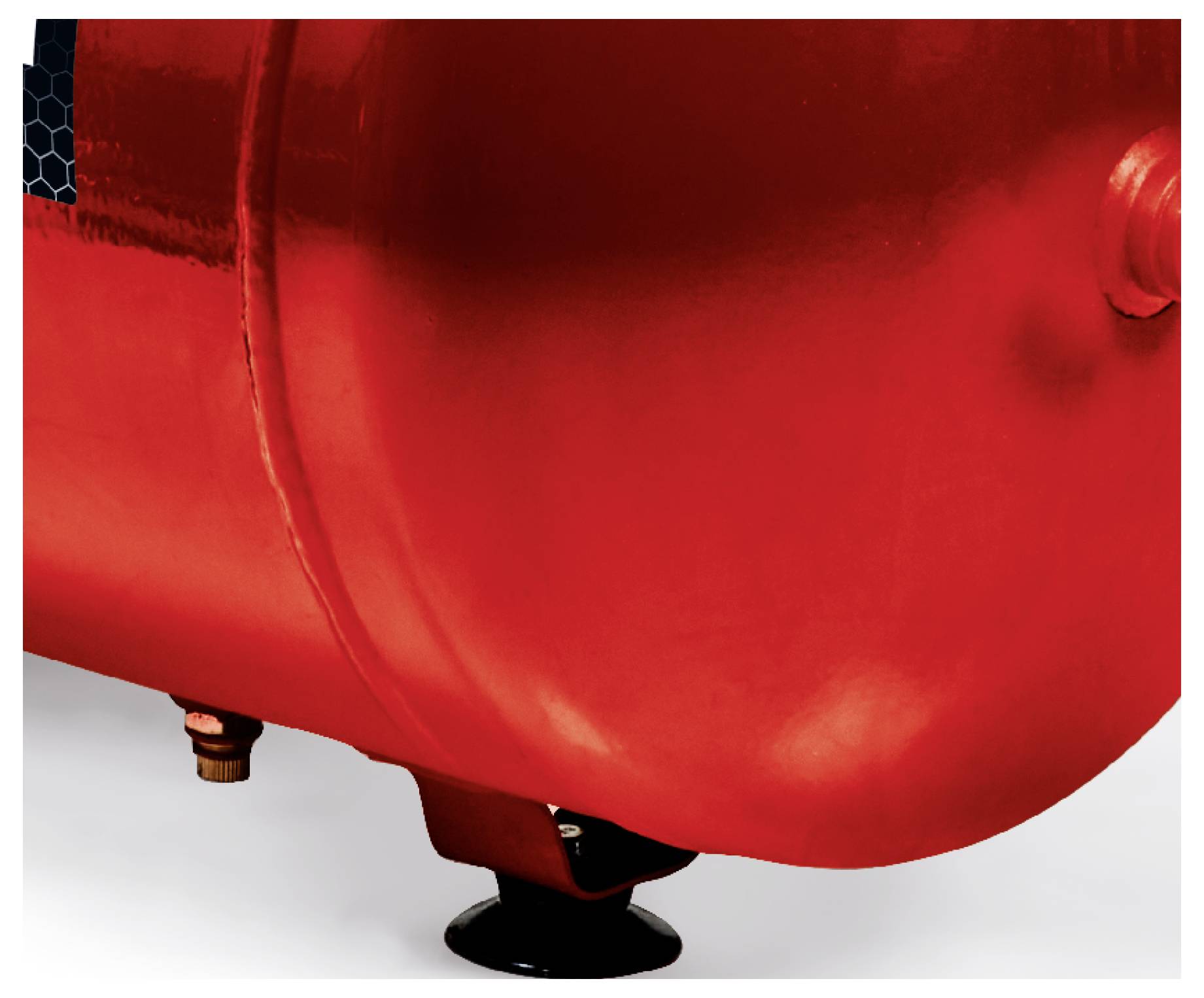 Close-up of a red cylindrical tank or pressure vessel with a black base on a white background.