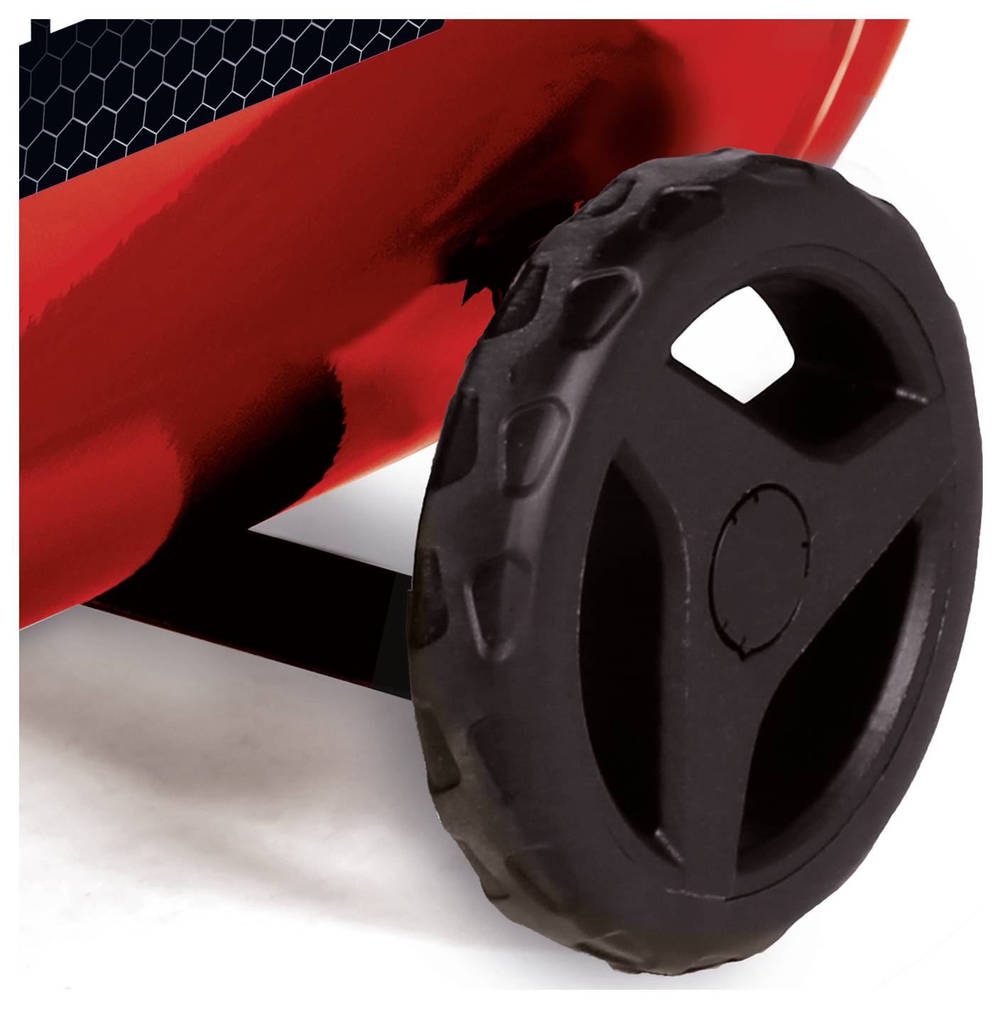 Close-up of a red cart or device with a large black treaded wheel on a white background.