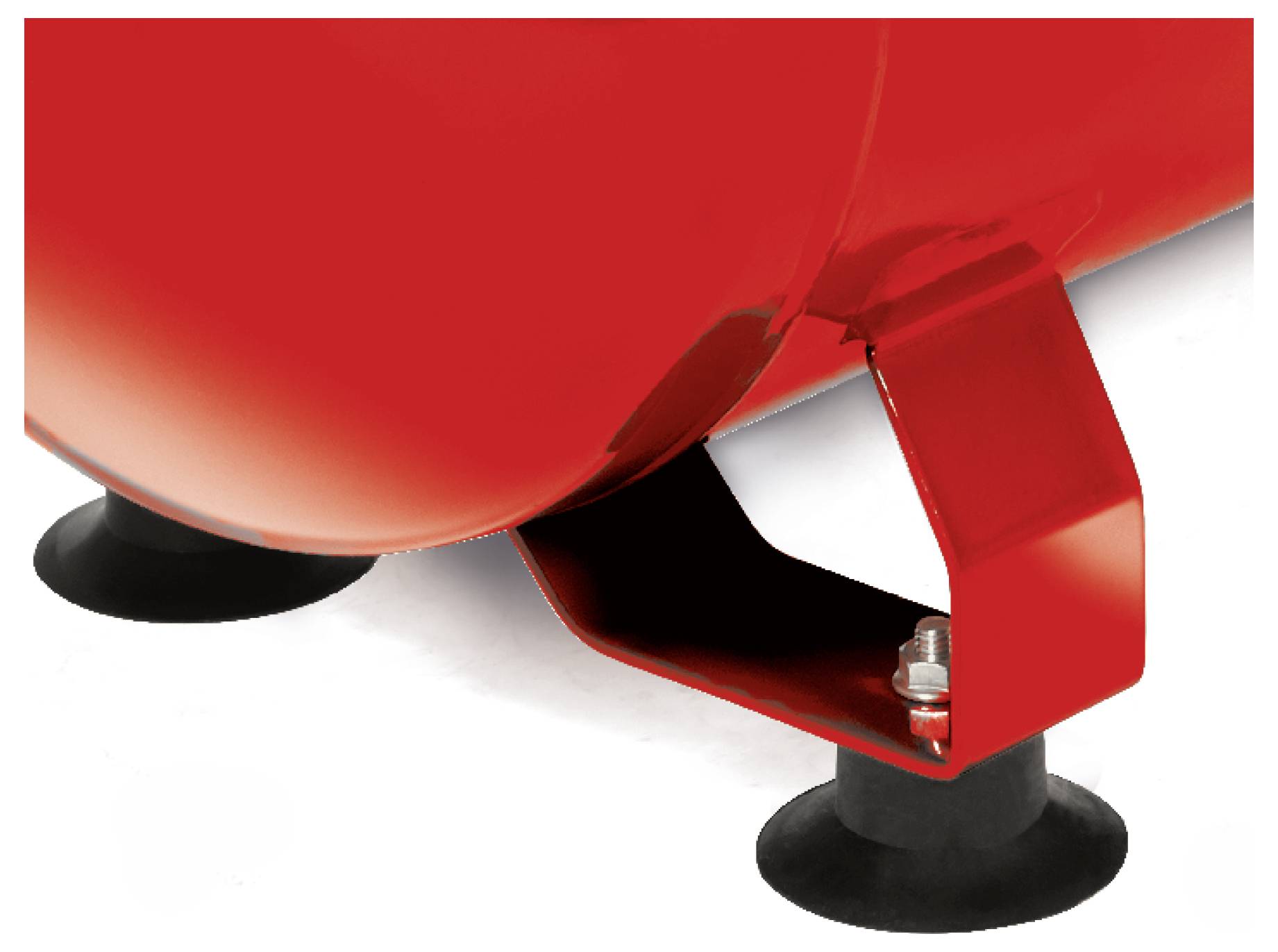 Close-up of the underside of a red machine or appliance, showing a mounting bracket and black rubber feet on a white background.