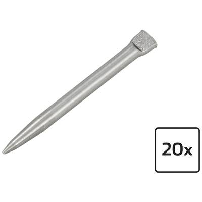Steel pen, 130 mm long, silver, on the left; black number '20x' on a white background on the right.