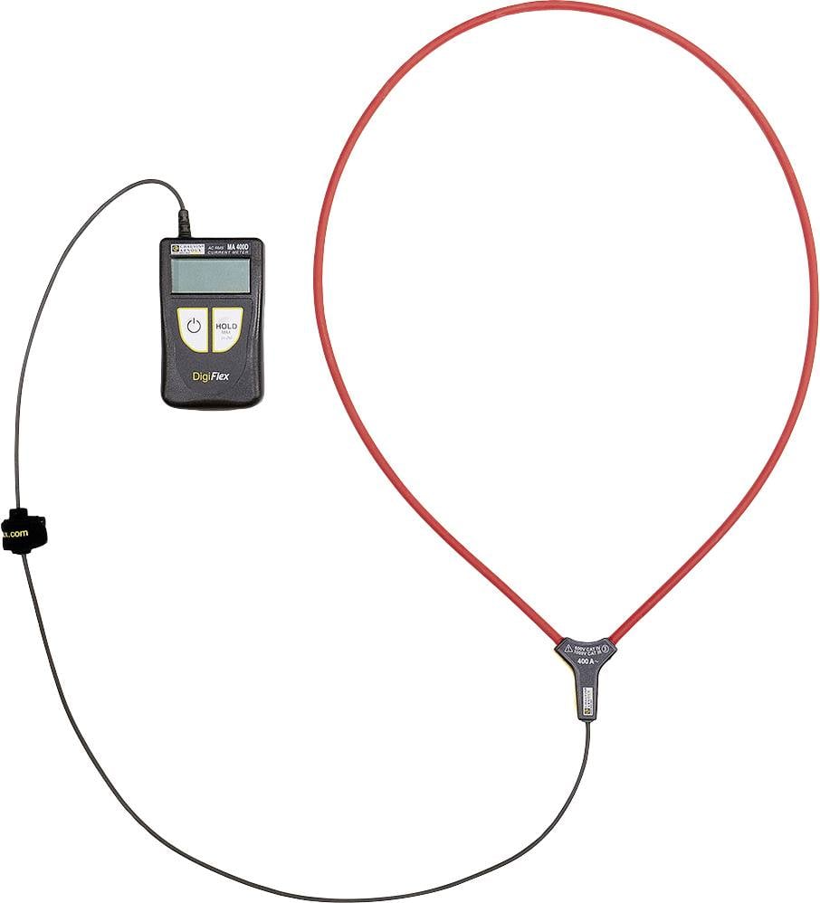 A digital electricity metre with a red cable and display shows '96.43'. The device is used for measuring electrical currents.