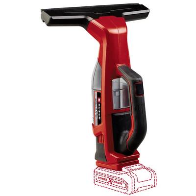 A cordless window cleaner in red and black with an ergonomic handle, showing battery compartment. Suitable for streak-free cleaning of glass surfaces.
