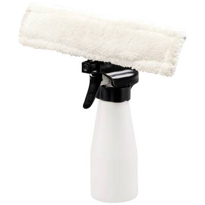 Spray bottle with white microfibre cloth attachment, suitable for cleaning.