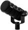 A black microphone with a robust design and integrated stand, suitable for studio sound recordings.