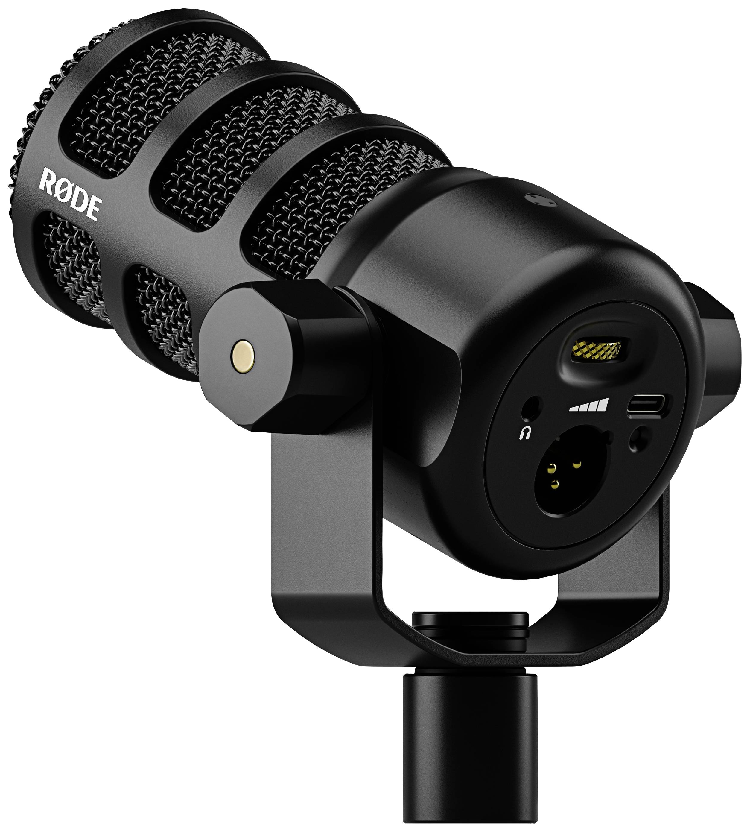 Black studio microphone with USB and XLR connections, suitable for professional audio recordings and podcasting.