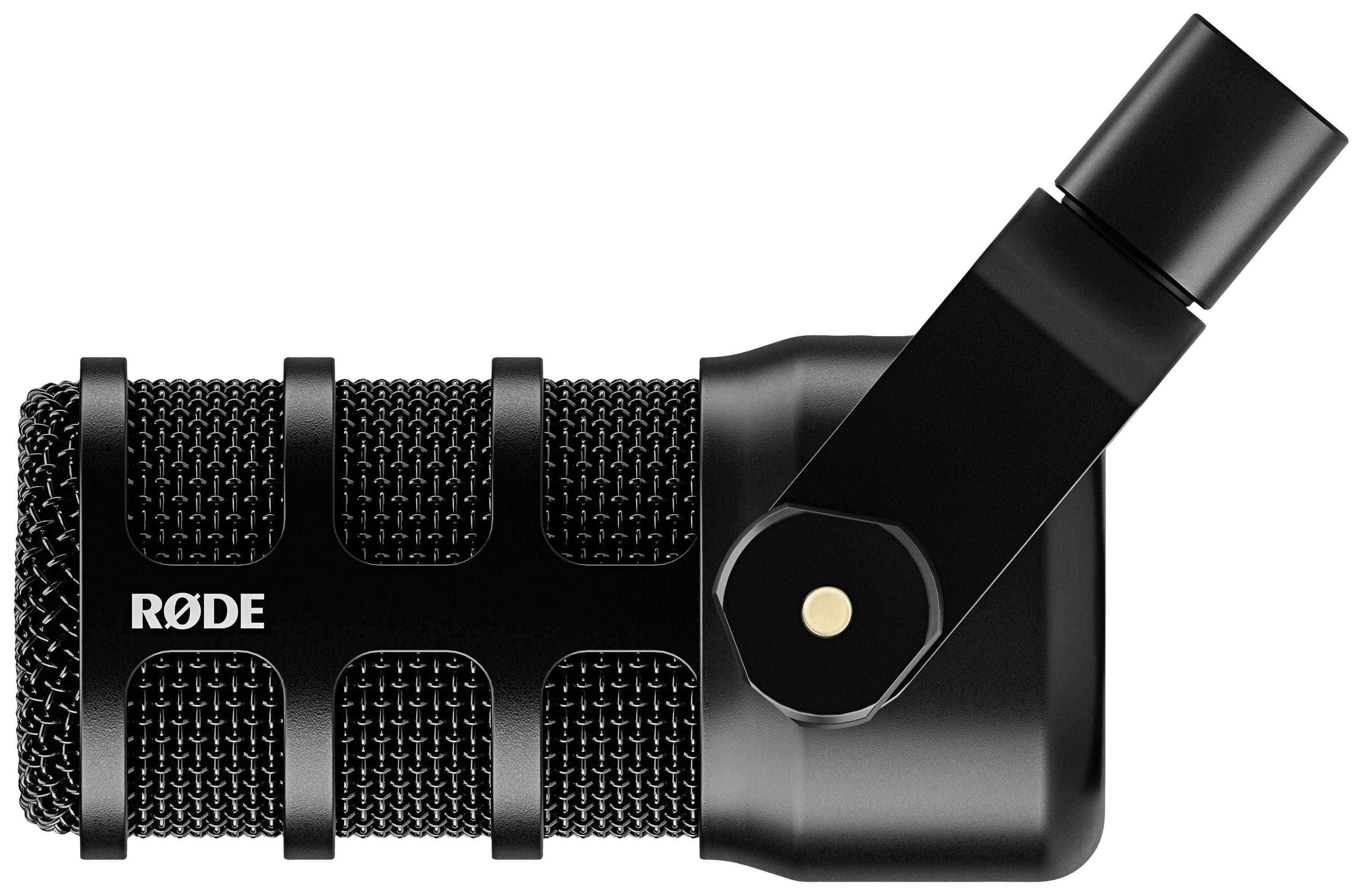 A black, side-mounted microphone with the 'RØDE' logo on it. It looks professional and robust.