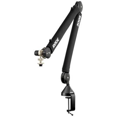 Microphone boom arm with RØDE logo, black, for fixed mounting to a table; movable for adjusting the microphone position.