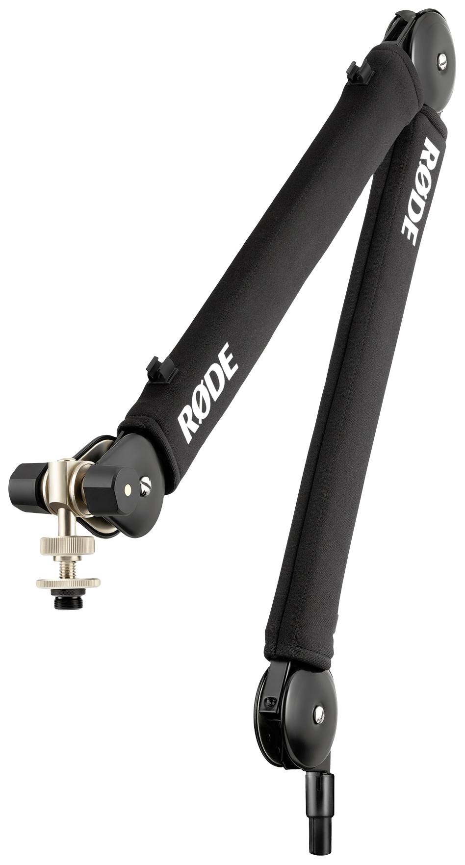 Rode microphone arm in black with adjustable joints for mounting a microphone, suitable for recording environments.
