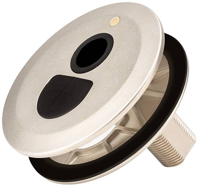 Golden shower head with a black button and black ring.