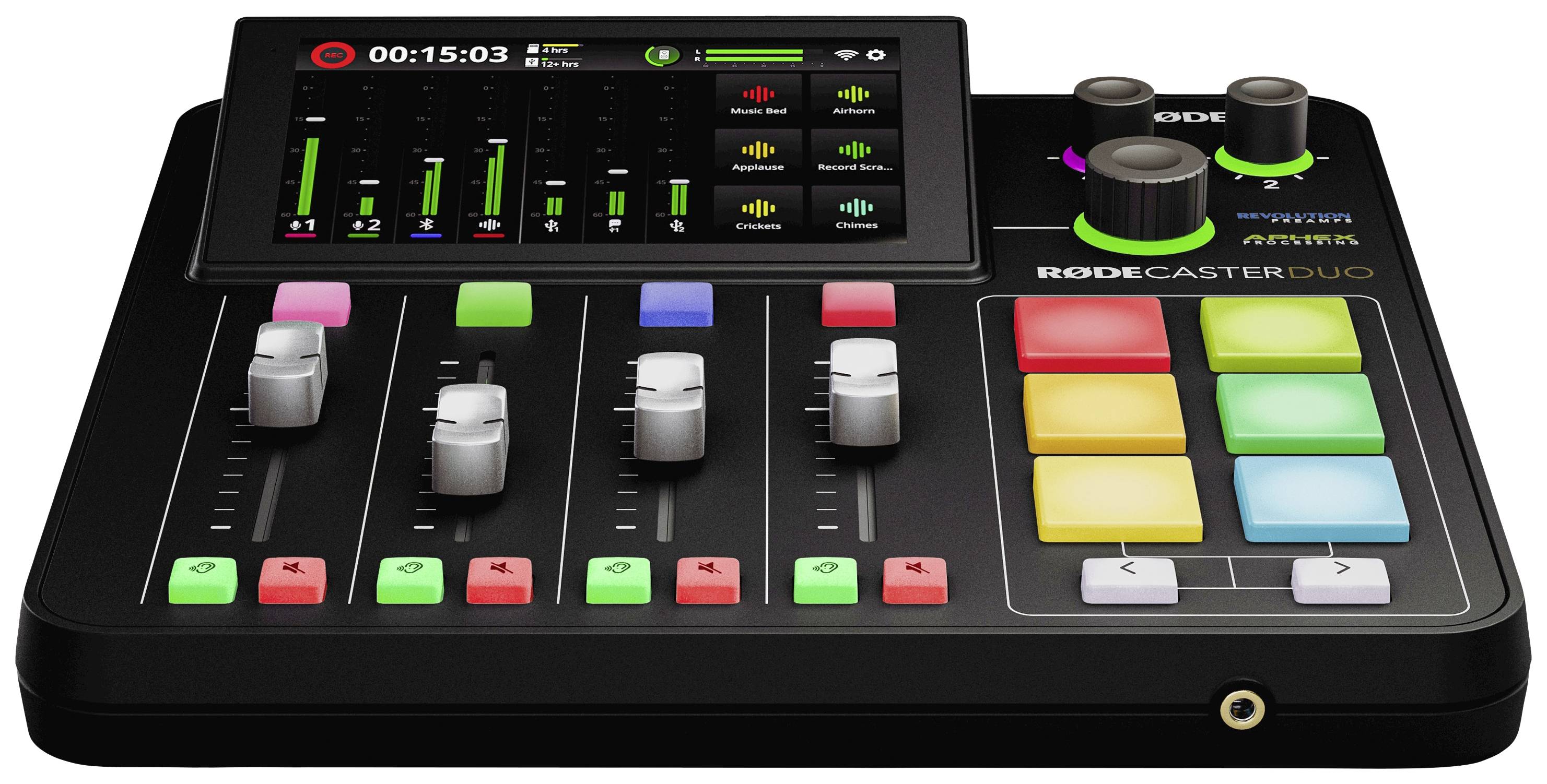 Digital sound recording device with digital control elements, display showing sound levels, multiple sliders and coloured pads for control.
