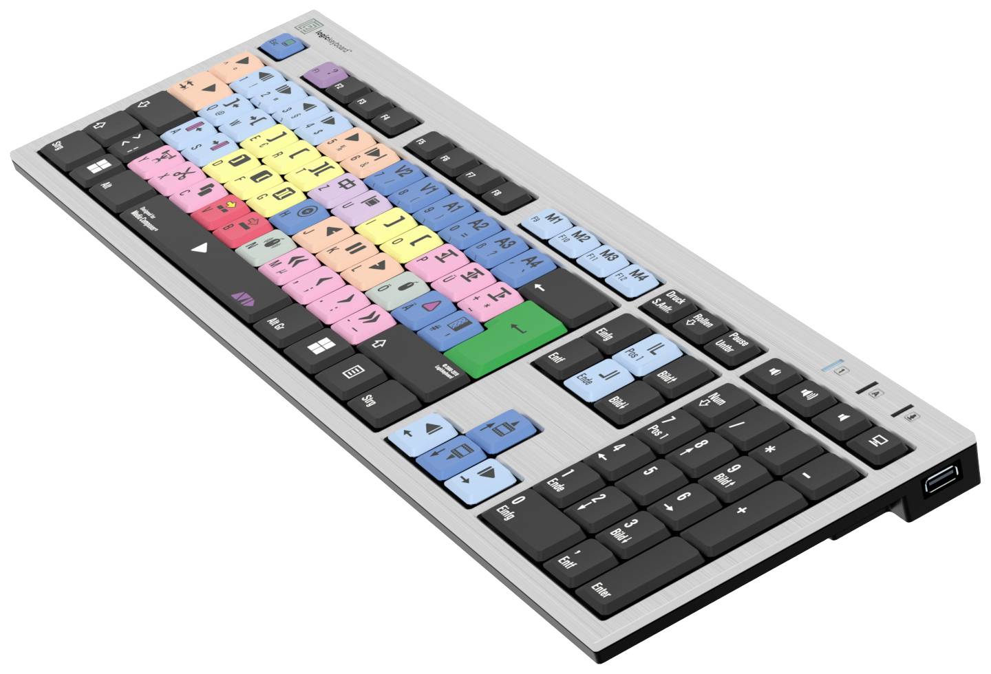 Computer keyboard with coloured keys for specific video or audio software functions. Keys are labelled with various symbols.