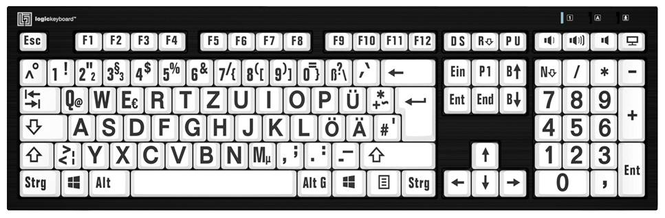 An extended PC keyboard with large, white keys on a black background. Number keys and function keys are visible.