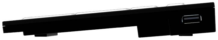 Side view of a slim, black computer keyboard with a USB port on the right side.