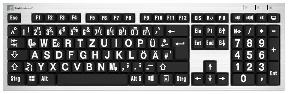 Black computer keyboard with large, high-contrast white letters and symbols, specifically designed for visually impaired users.