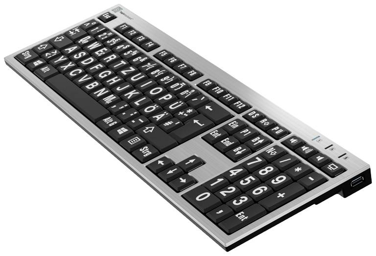 An extended keyboard with large, clearly legible keys displaying letters, numbers and special characters.