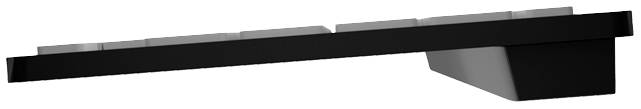 Side view of an ergonomic keyboard with an angled design to relieve wrist strain.