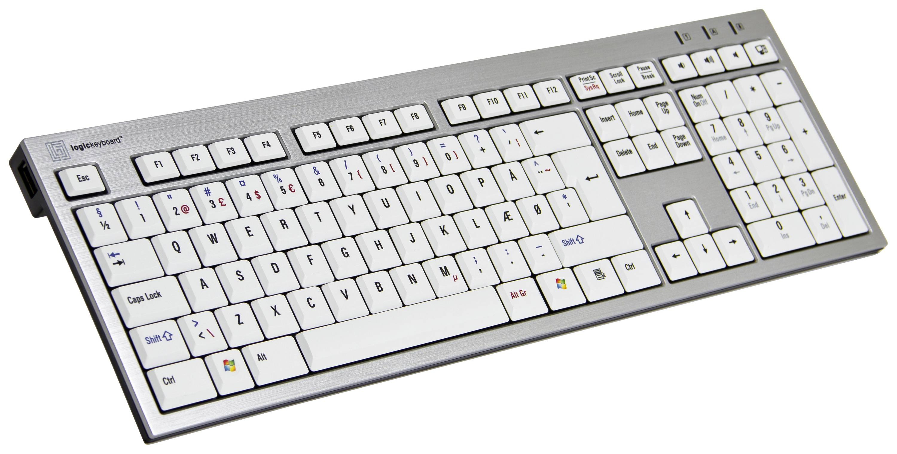 White computer keyboard with ergonomic design and additional function keys. Ideal for efficient typing and comfortable use.