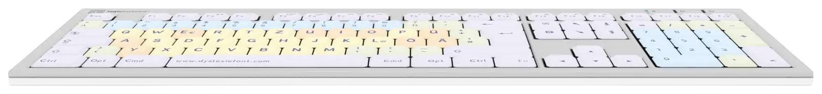 Keyboard with colour-coded keys representing different functional groups: letters (white), numbers (pink), navigation (blue).