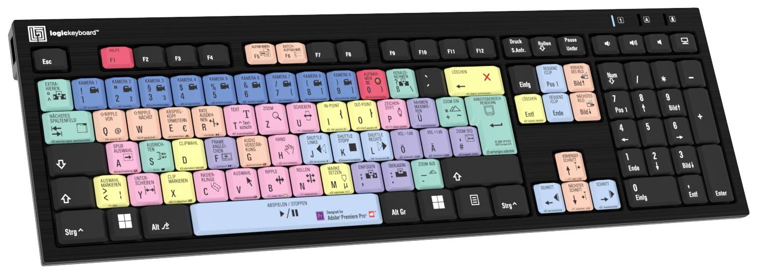 Logickeyboard Adobe Premiere Pro CC Corded Keyboard German, QWERTZ Black Multimedia buttons, USB hub, Quiet keypad