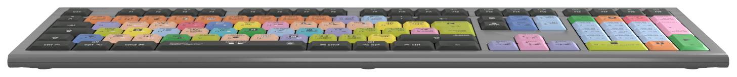Keyboard with colour-coded keys for video or audio editing; each colour represents different functions or commands.