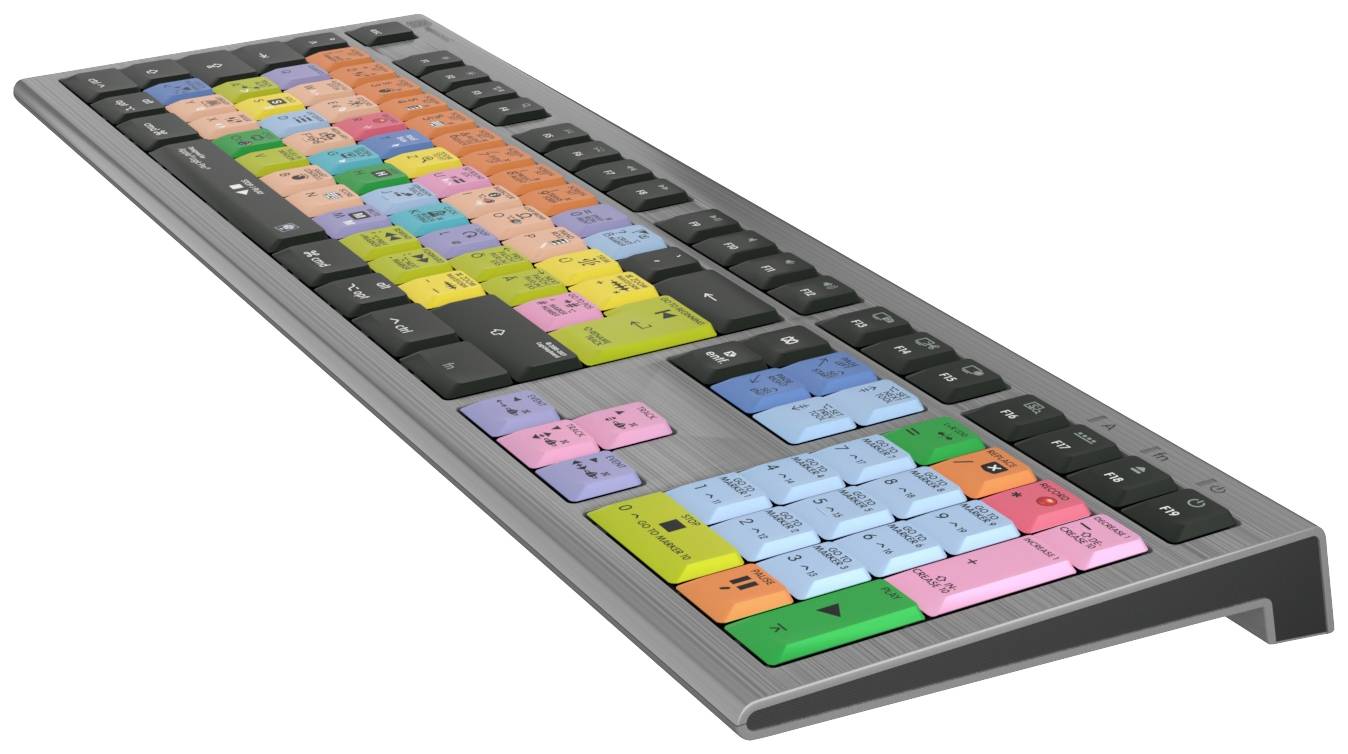 Specialist keyboard with colour-coded keys for editing software, containing specific commands for rapid video editing.