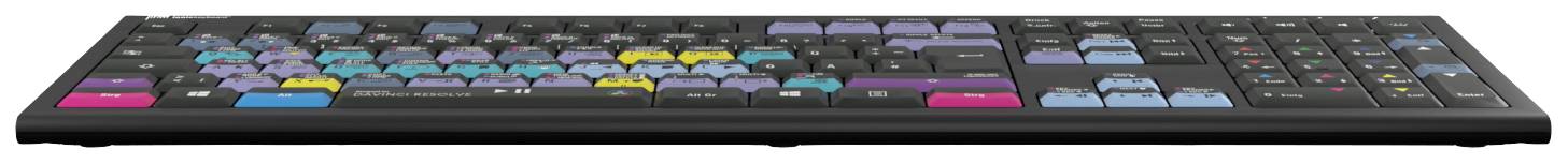 An ergonomic PC keyboard with coloured keys for special commands and functions, suitable for professional use.