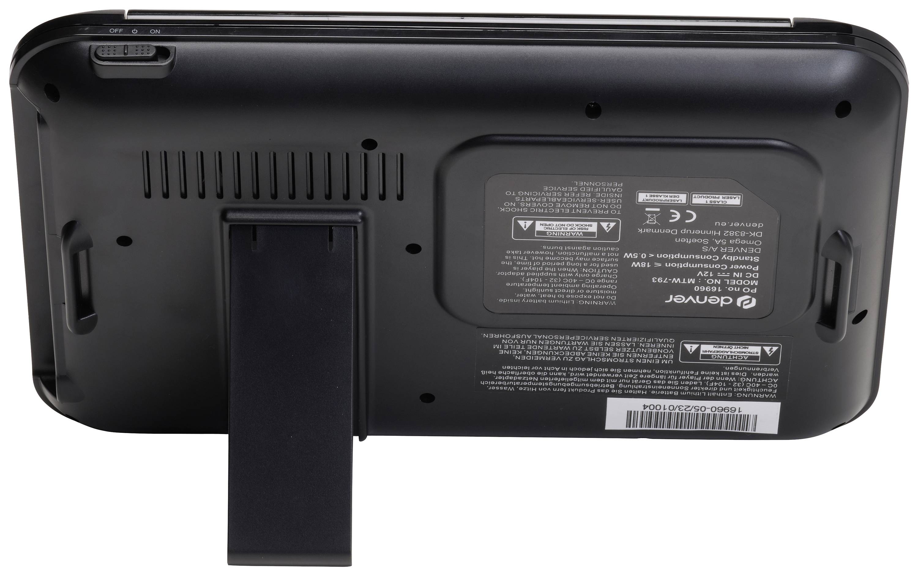 Rear view of a black electronic device with a fold-out stand, ventilation slots, and stickers displaying technical information.