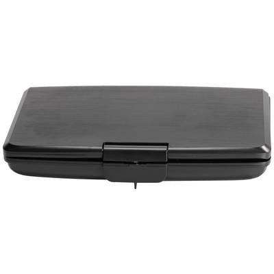 Black, rectangular tin with hinged lid. Perfect for storing small items or food.