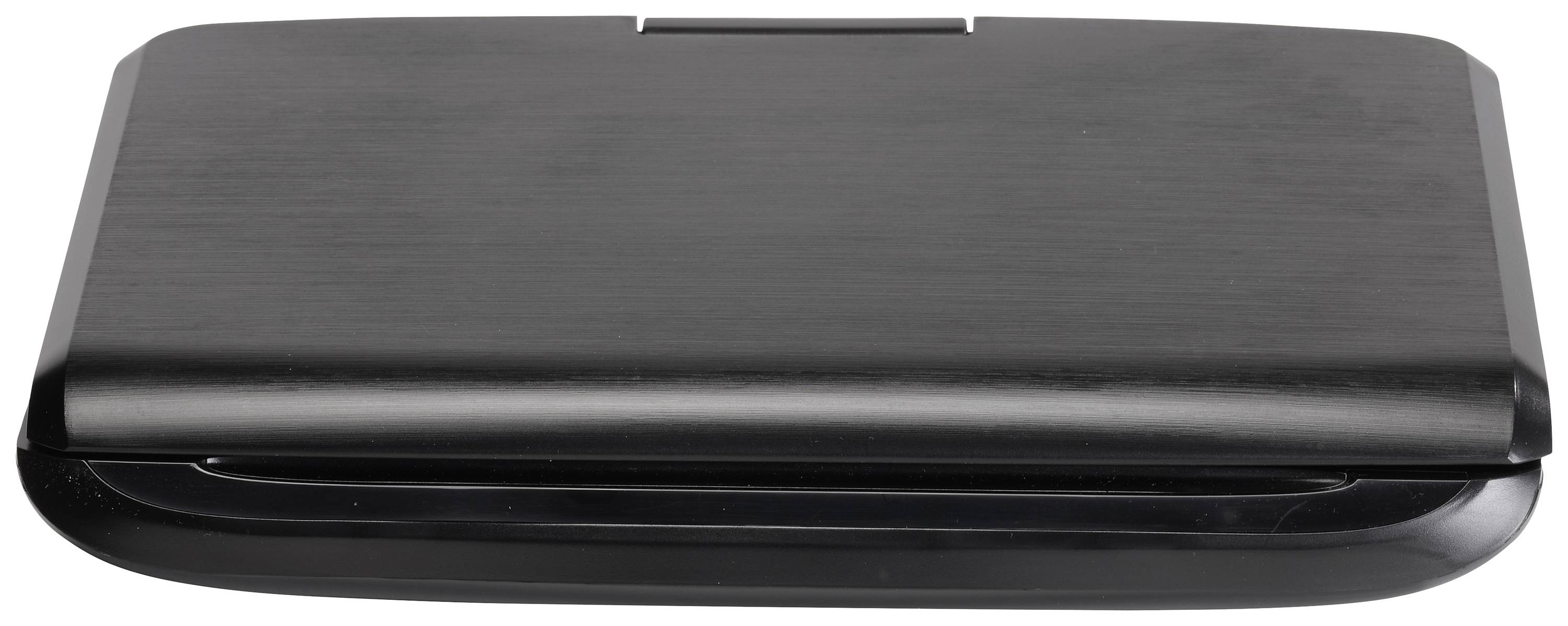 Black, closed laptop in landscape orientation, viewed from above.