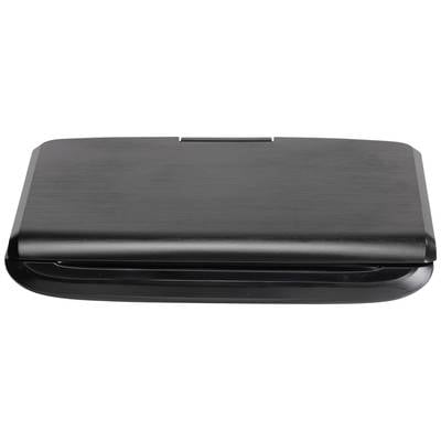 Black, closed laptop in landscape orientation, viewed from above.