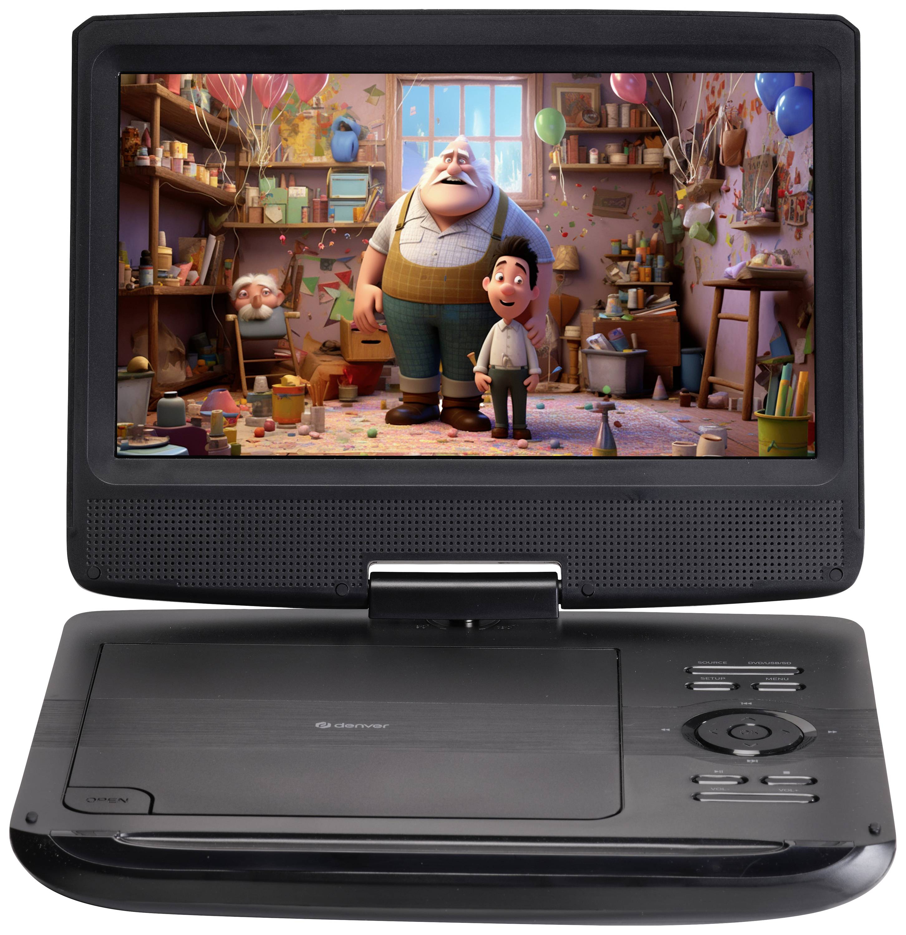 A portable DVD player shows an animated scene: Two characters are standing in a colourfully decorated room, surrounded by balloons and toys.