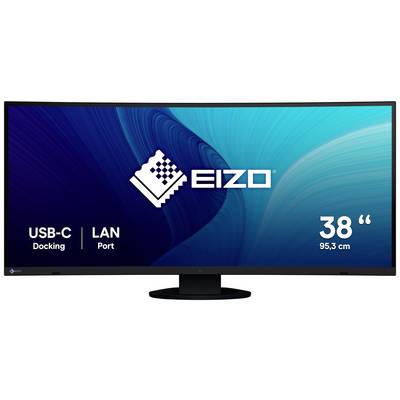 A curved monitor with Eizo logo, 38 inches (95.3 cm) in screen diagonal, featuring USB-C docking and LAN connection.