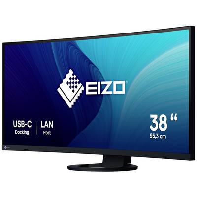 A 38-inch (95.3 cm) EIZO monitor with blue graphics. Connections: USB-C docking and LAN.