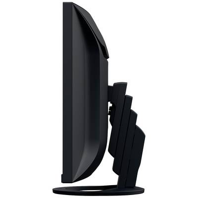 A side profile of a black computer monitor with an adjustable stand, facilitating easy height adjustment.