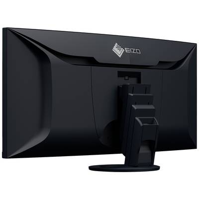 A black computer monitor from behind, brand EIZO, with stand and VESA mounting options.