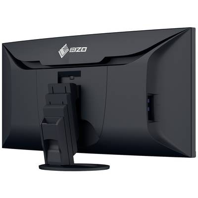 A black computer monitor from behind with a logo in the top left; showing the stand and connections on the side.