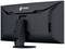 A black computer monitor from behind with a logo in the top left; showing the stand and connections on the side.