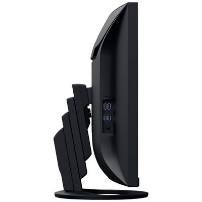 Side view of a black computer monitor with multiple USB ports on the side. The monitor has a modern, sleek design.