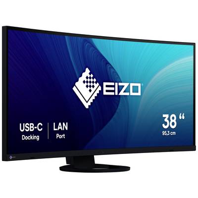 A wide computer monitor by EIZO with a 38-inch display and features for USB-C docking and a LAN port.